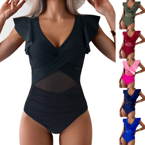 Ladies Ruffled Cross Front Monokini Chic Swimwear