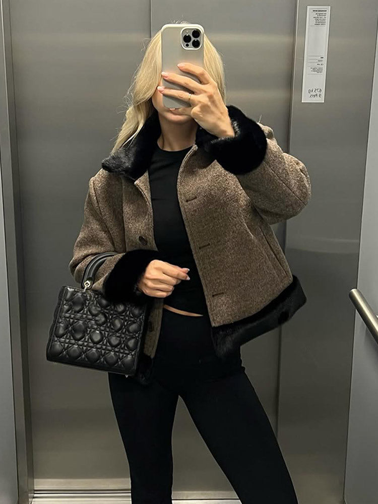 Women's Short Cut Boxy Wool Blend Coat with Contrast Faux Fur Trim Amarae