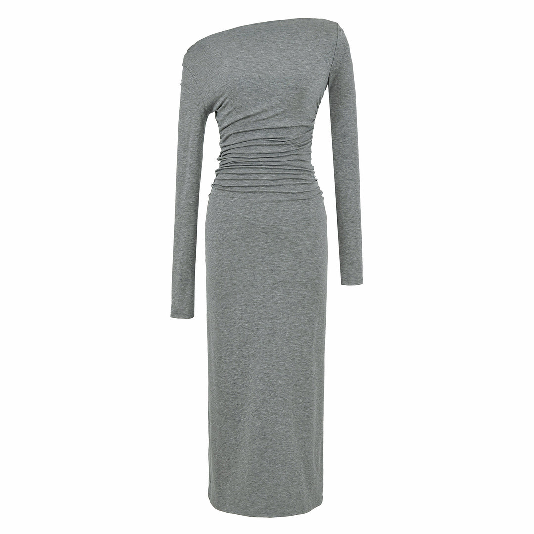 Women One-Shoulder Midi Dress with Long Sleeve and Side Gathering Amarae