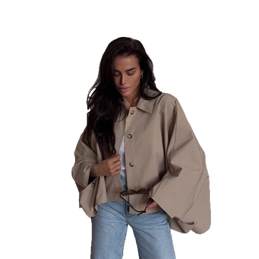 Women's Oversized Cropped Jacket with Voluminous Bat Sleeves and Shirt Collar Amarae