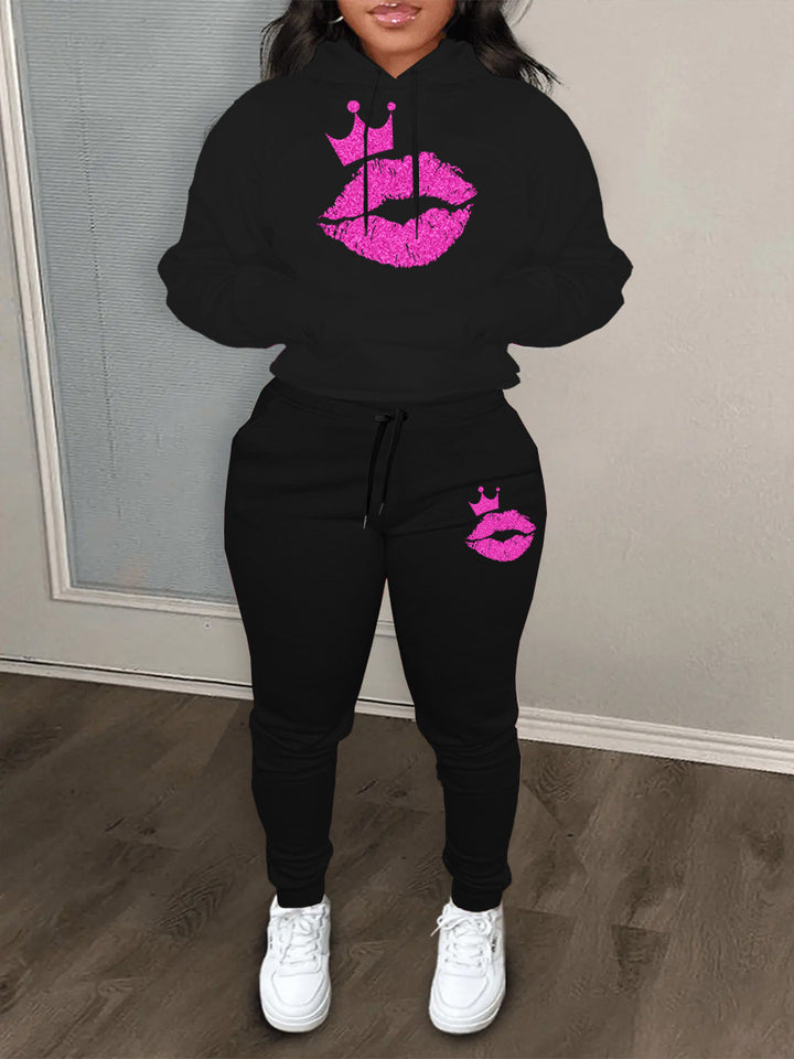 Women's hoodie and jogger set with a catchy lip pattern and a Lune London crown