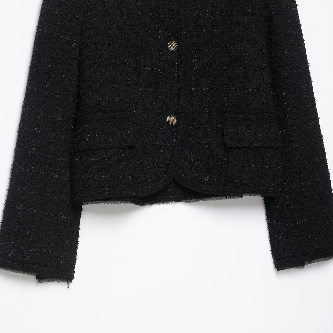 Women's Short Bouclé Tweed Jacket without Collar with Gold Decorative Buttons Amarae