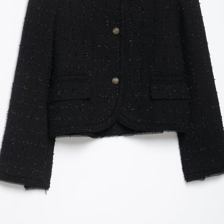 Women's Short Bouclé Tweed Jacket without Collar with Gold Decorative Buttons Amarae