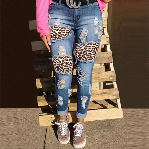 Ladies skinny jeans with leopard patch and vintage effects Amarae
