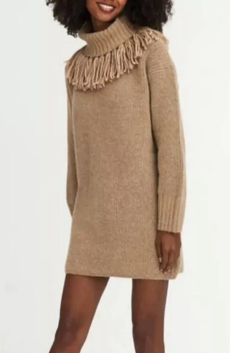 Knit dress for women with high turtleneck and trendy fringes Lune London