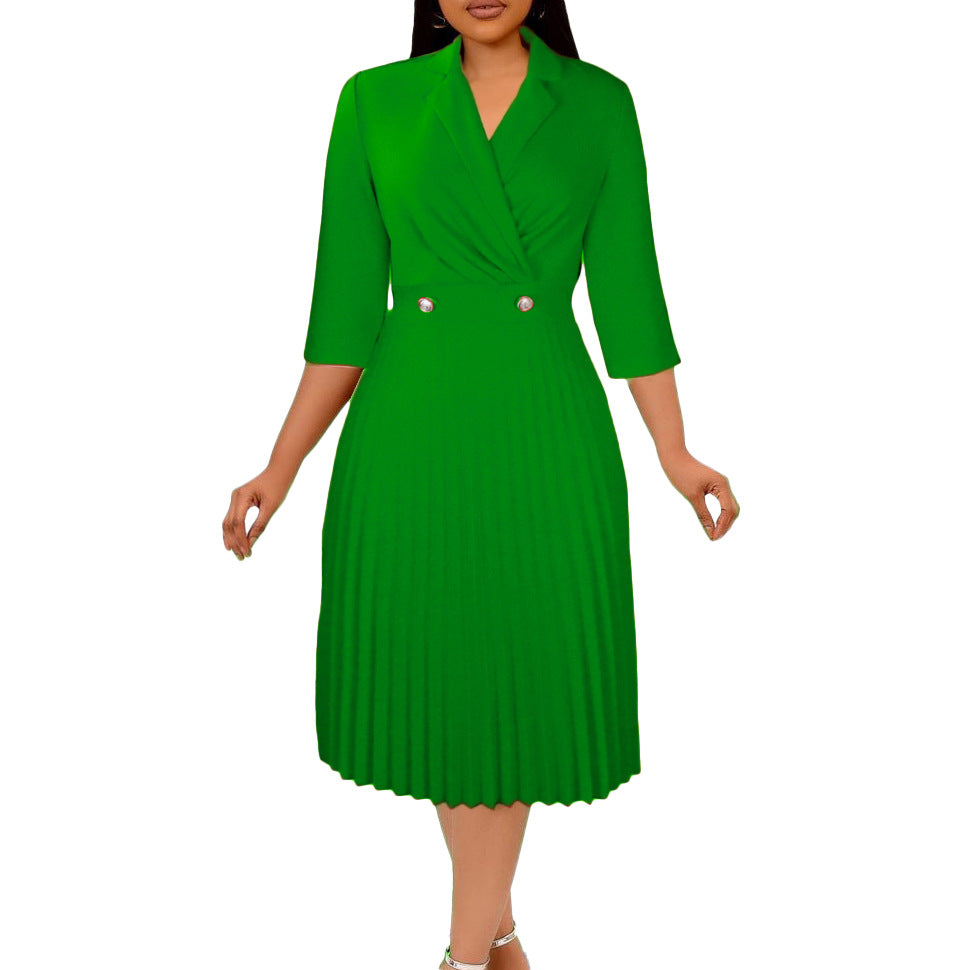 Elegant women's wrap dress with pleated design and chic office collar.