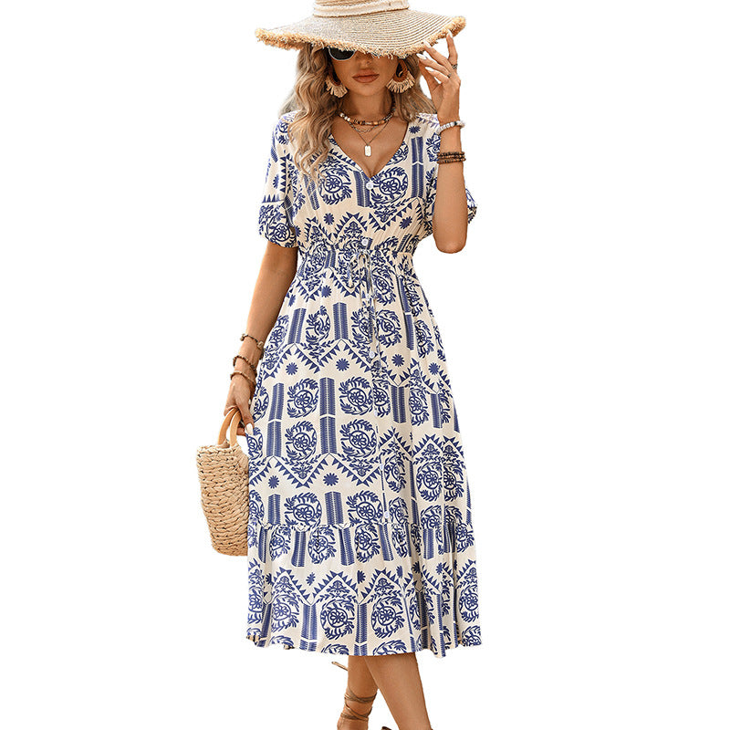 Midi dress for women with drawstring waist and floral pattern Lune London