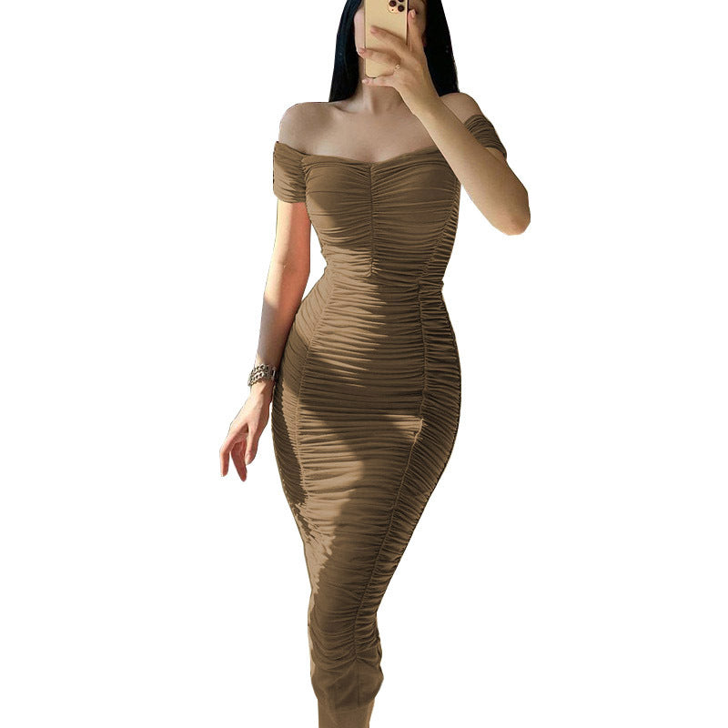 Mini fitted dress for women with Bardot neckline and ruching Lune London