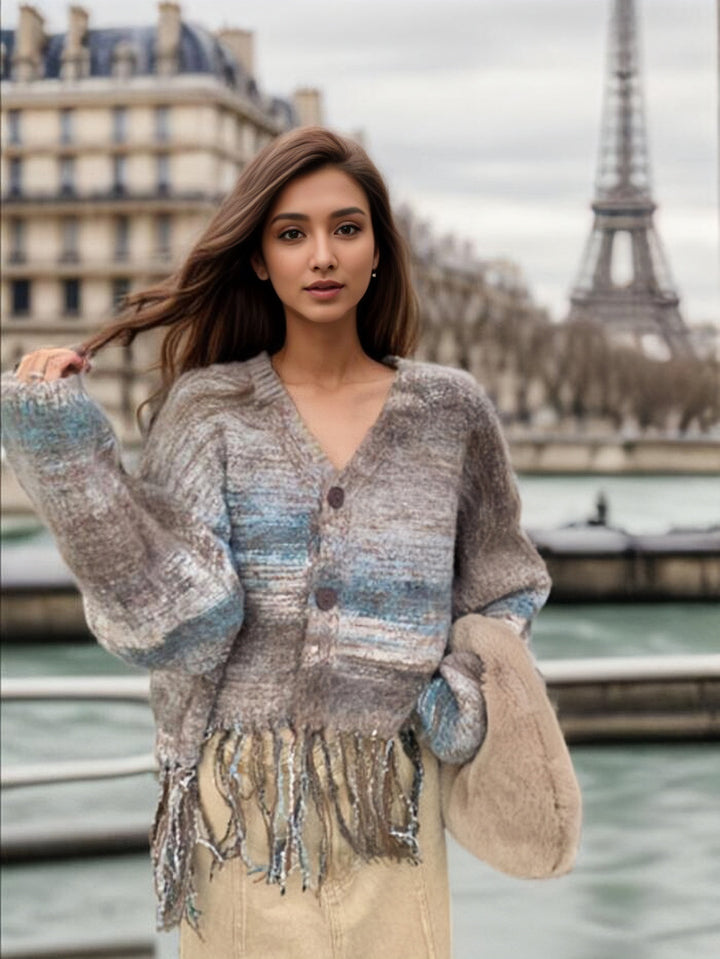Short knitted jacket for women with striking fringed design Lune London