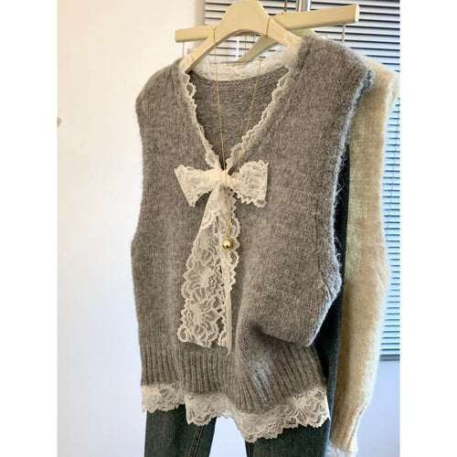 Gilet en tricot pour femmes avec un col en dentelle romantique et un détail de nœud décoratif