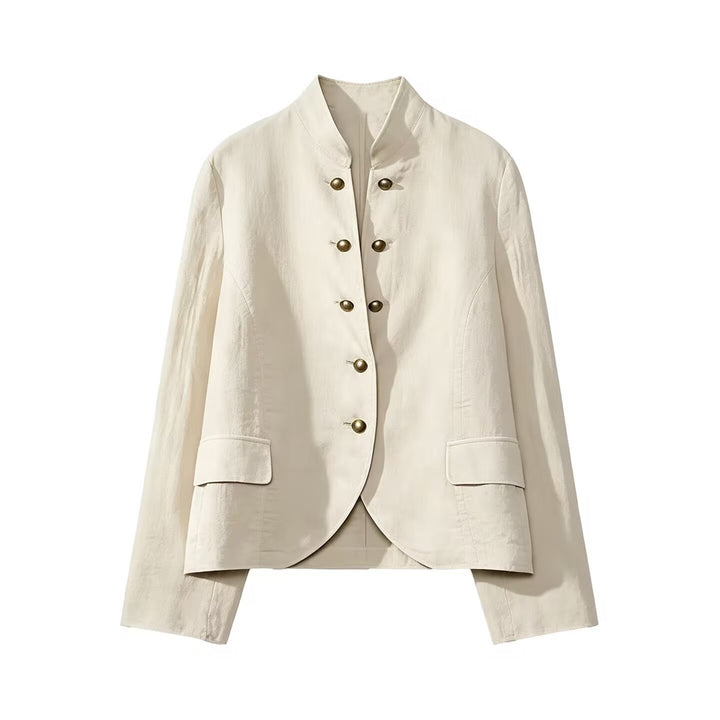 Women Tailored Stand Collar Blazer with Decorative Metal Buttons Amarae