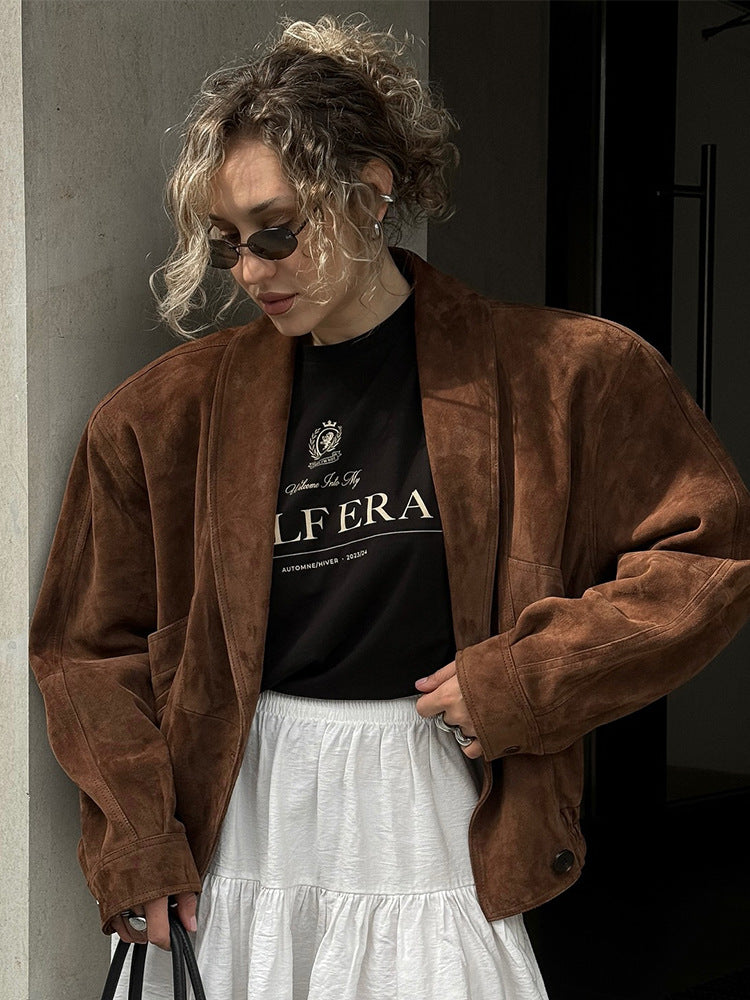 Women's Short Suede Boxy Jacket with Kimono-like Lapel Amarae