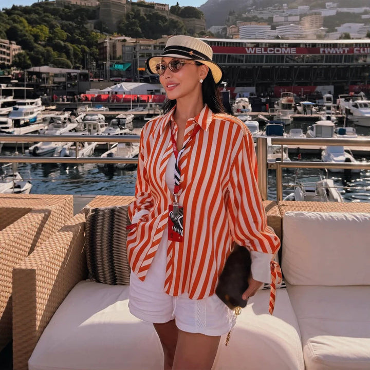 Women Striped Oversized Shirt Blouse with Contrasting Cuffs & Knot Finishes Amarae