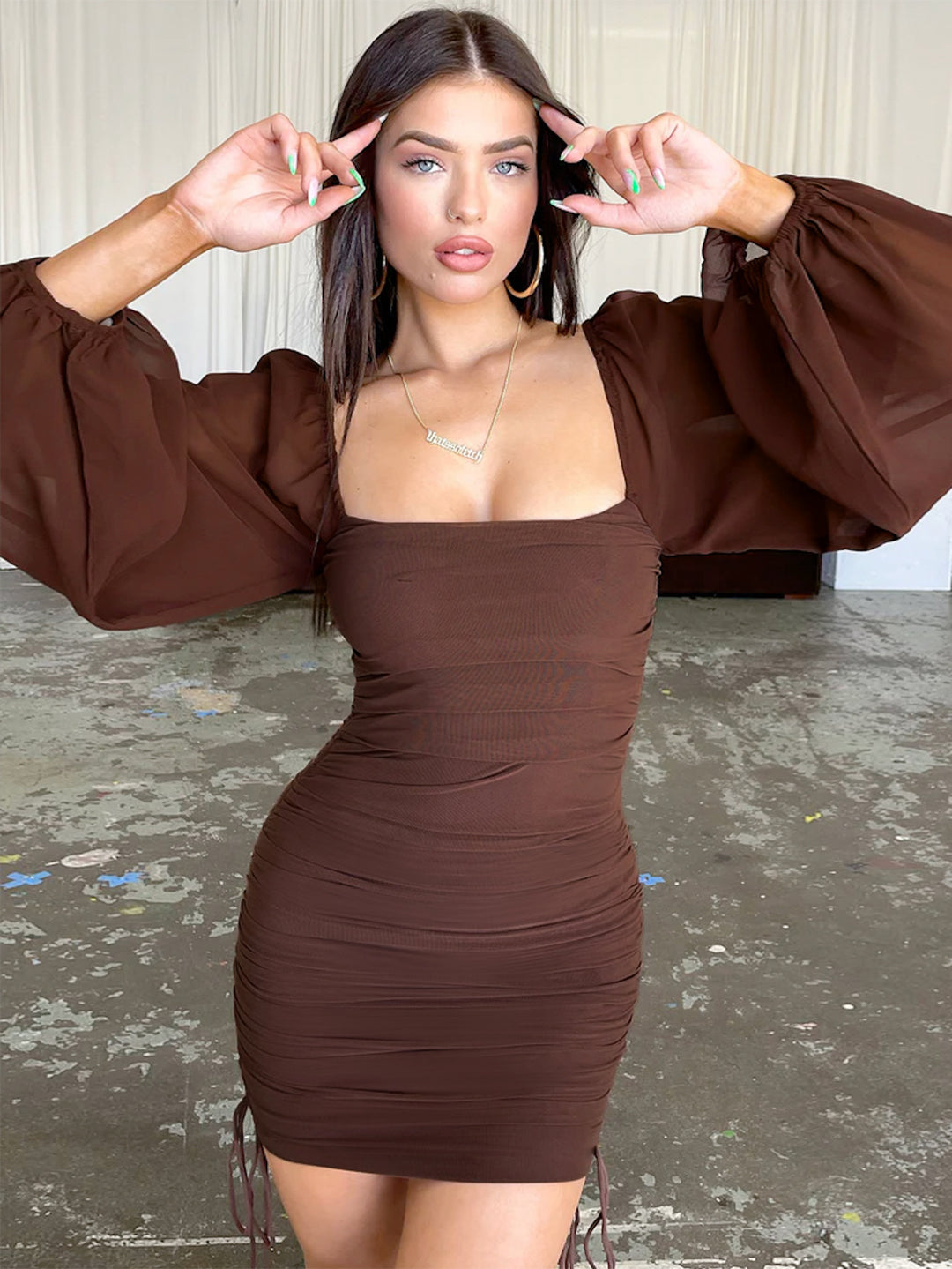 Women Figure-hugging Mini Dress with Puff Sleeves and Side Gathering Lune London