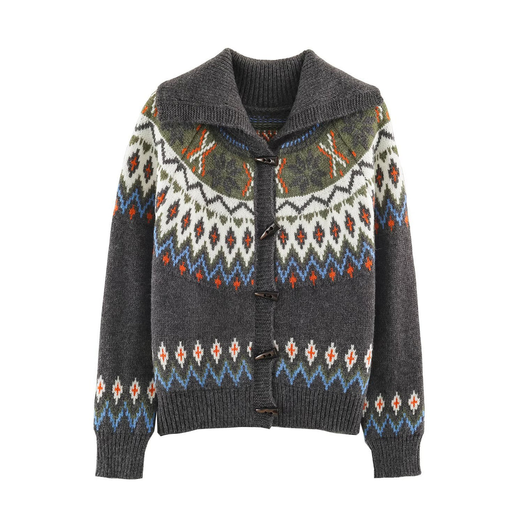 Women Chunky Knit Norwegian Cardigan with Shawl Collar and Horn Button Placket Amarae