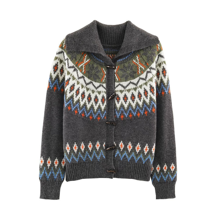Women Chunky Knit Norwegian Cardigan with Shawl Collar and Horn Button Placket Amarae