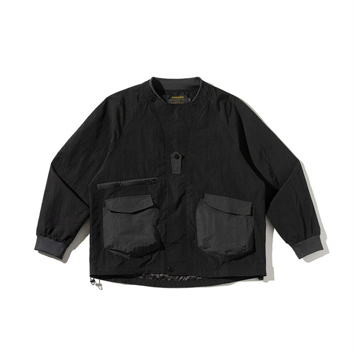 Unisex Lightweight Boxy Field Jacket without Collar with Raglan Sleeves, Patch Flap Pockets and Drawstring Amarae