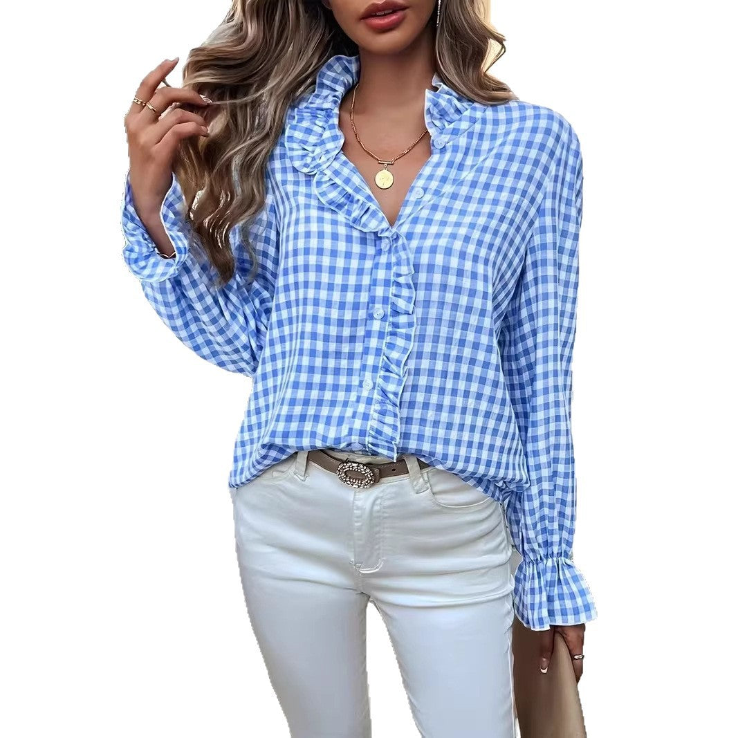 Women checked ruffled blouse with stand-up collar, concealed button placket and bell sleeves Amarae