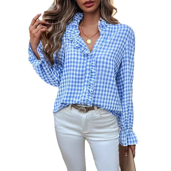 Women checked ruffled blouse with stand-up collar, concealed button placket and bell sleeves Amarae