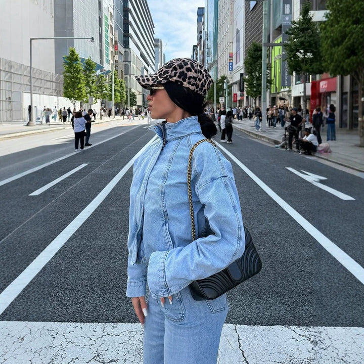 Women's Cropped Denim Jacket in Bomber Style with High Standing Collar and Oversized Sleeves Amarae