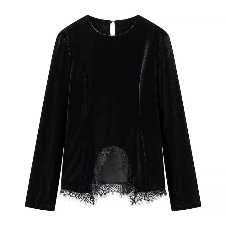Ladies Velvet Long Sleeve with Lace Hem and Curved Front Detail Amarae