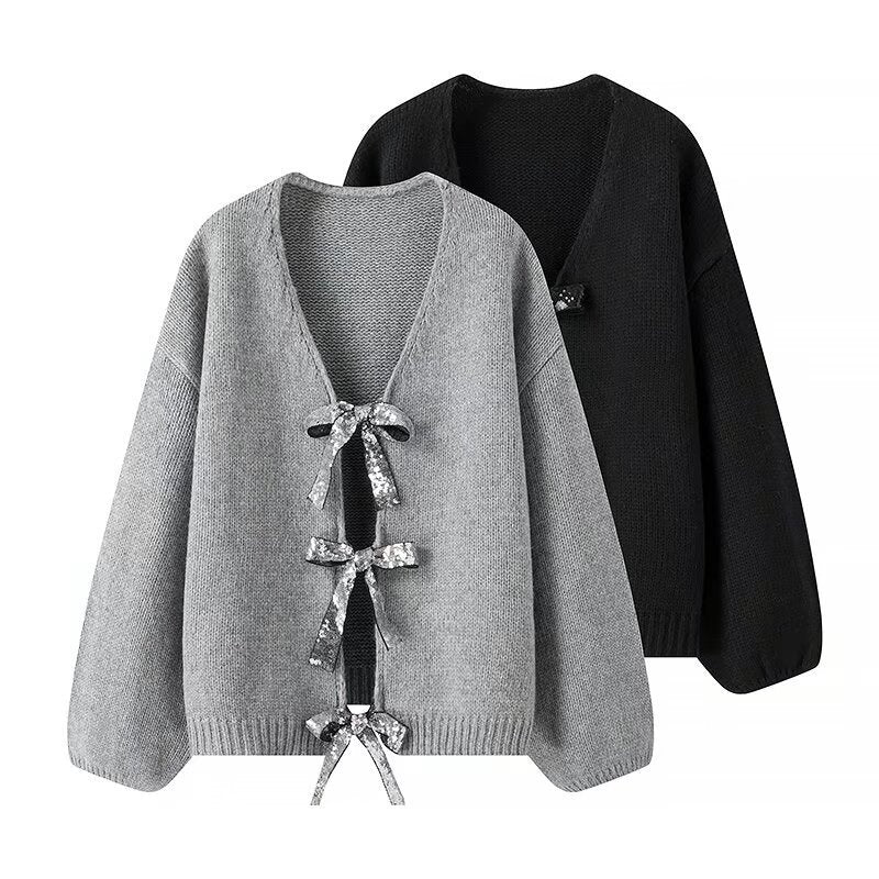Cardigan en tricot lâche pour femmes avec détails élégants en forme de nœud Chic & Stil