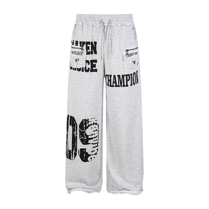 Women's Wide Palazzo Sweatpants with Comfort Waistband, Application Pockets and Typo Print Amarae