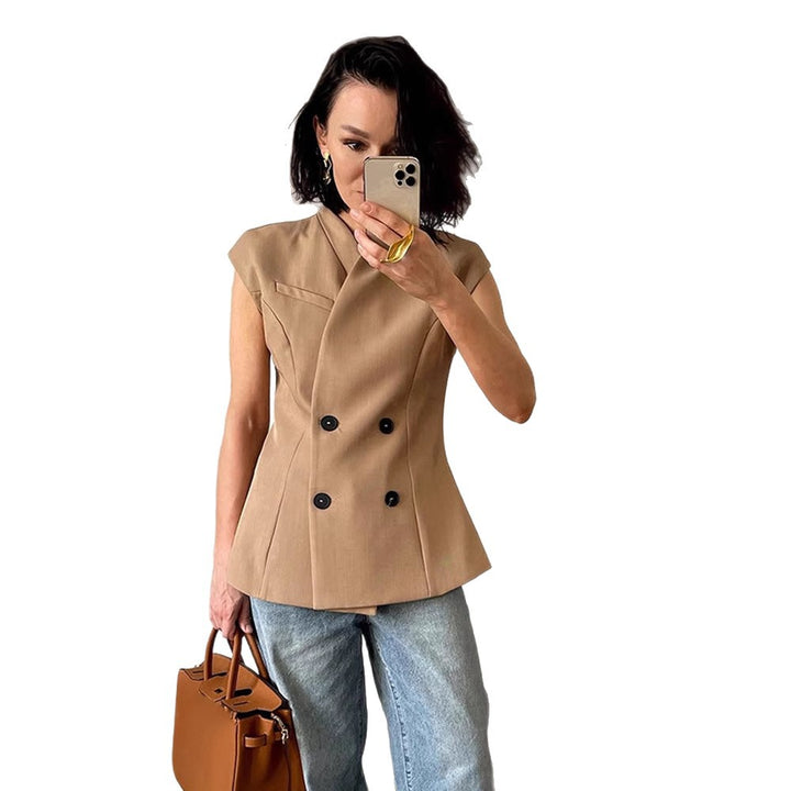 Women's sleeveless tailored blazer vest with double button placket & structured shoulder part Amarae