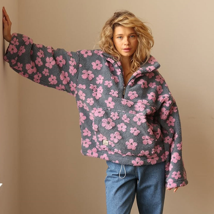 Women Cozy Fleece Jacket with Floral Pattern Lune London