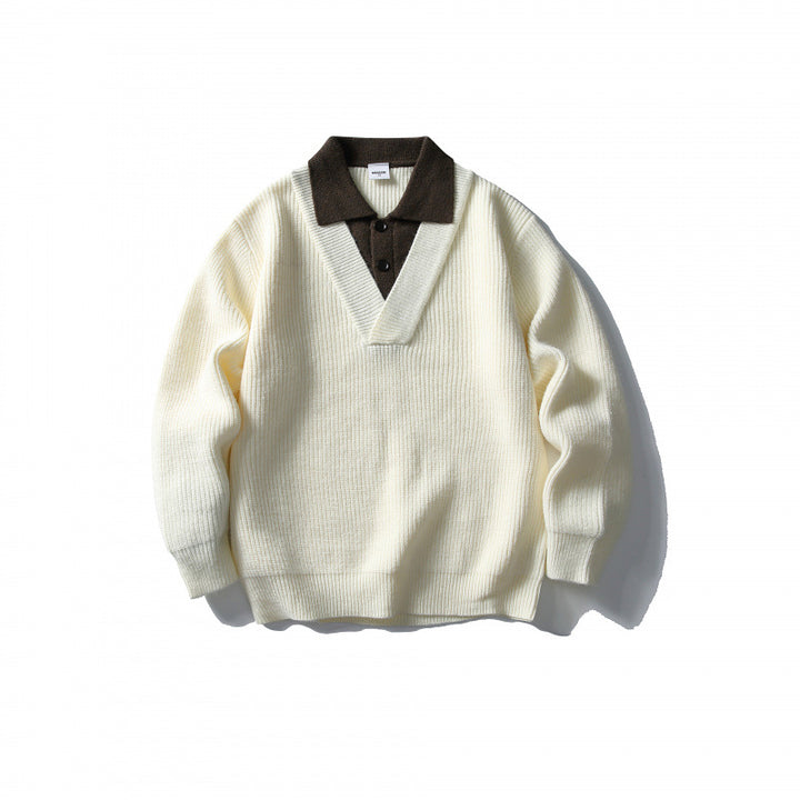 Men's pullover with polo half-button placket, oversized ribbed knit and V-neck detail Amarae