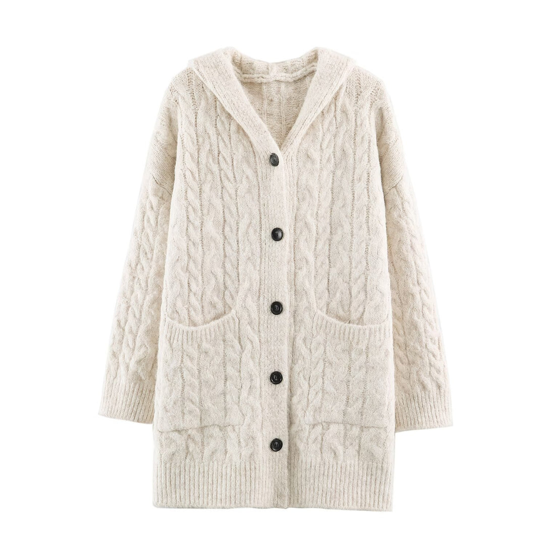 Women's Long Knitted Hooded Cardigan with Cable Pattern and Button Placket Amarae