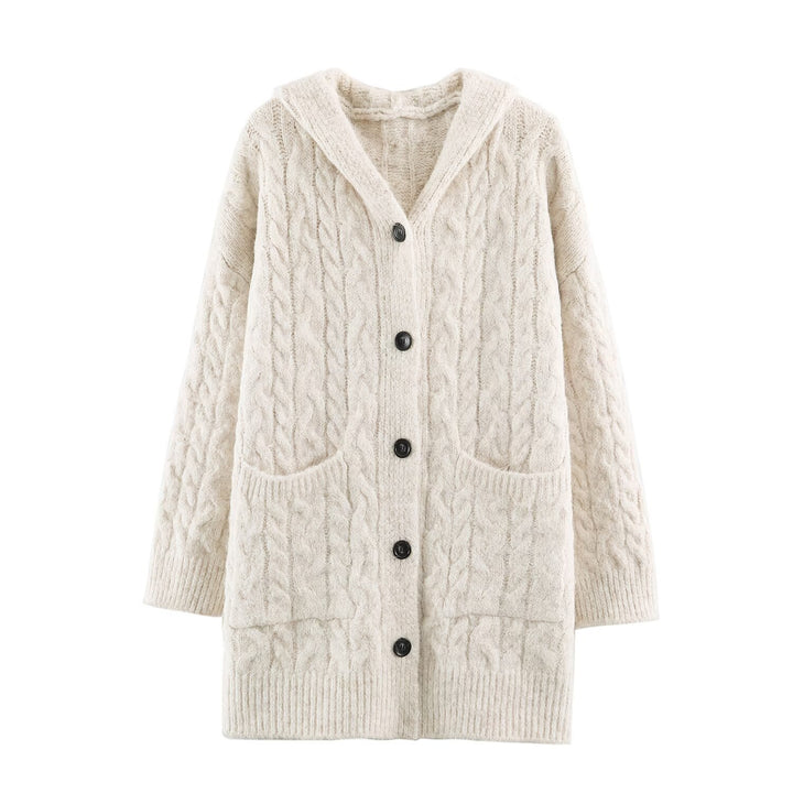 Women's Long Knitted Hooded Cardigan with Cable Pattern and Button Placket Amarae