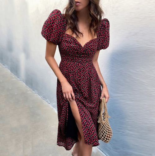 Ladies flowers shirt puff sleeves midi dress Amarae