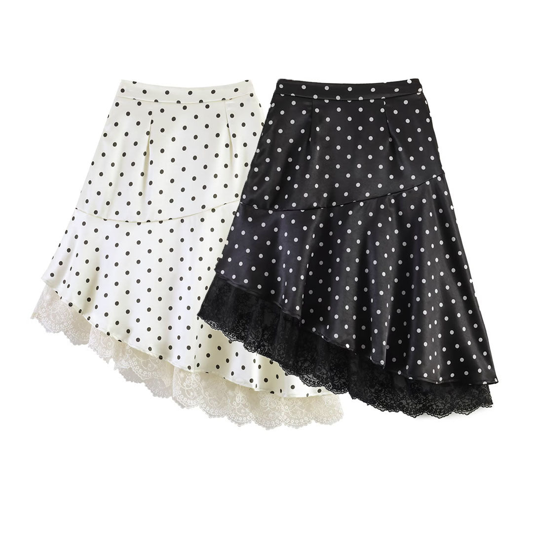 Women's Asymmetric Tiered Skirt with Ruffles, Dots, and Lace Trim Amarae