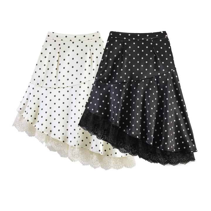 Women's Asymmetric Tiered Skirt with Ruffles, Dots, and Lace Trim Amarae