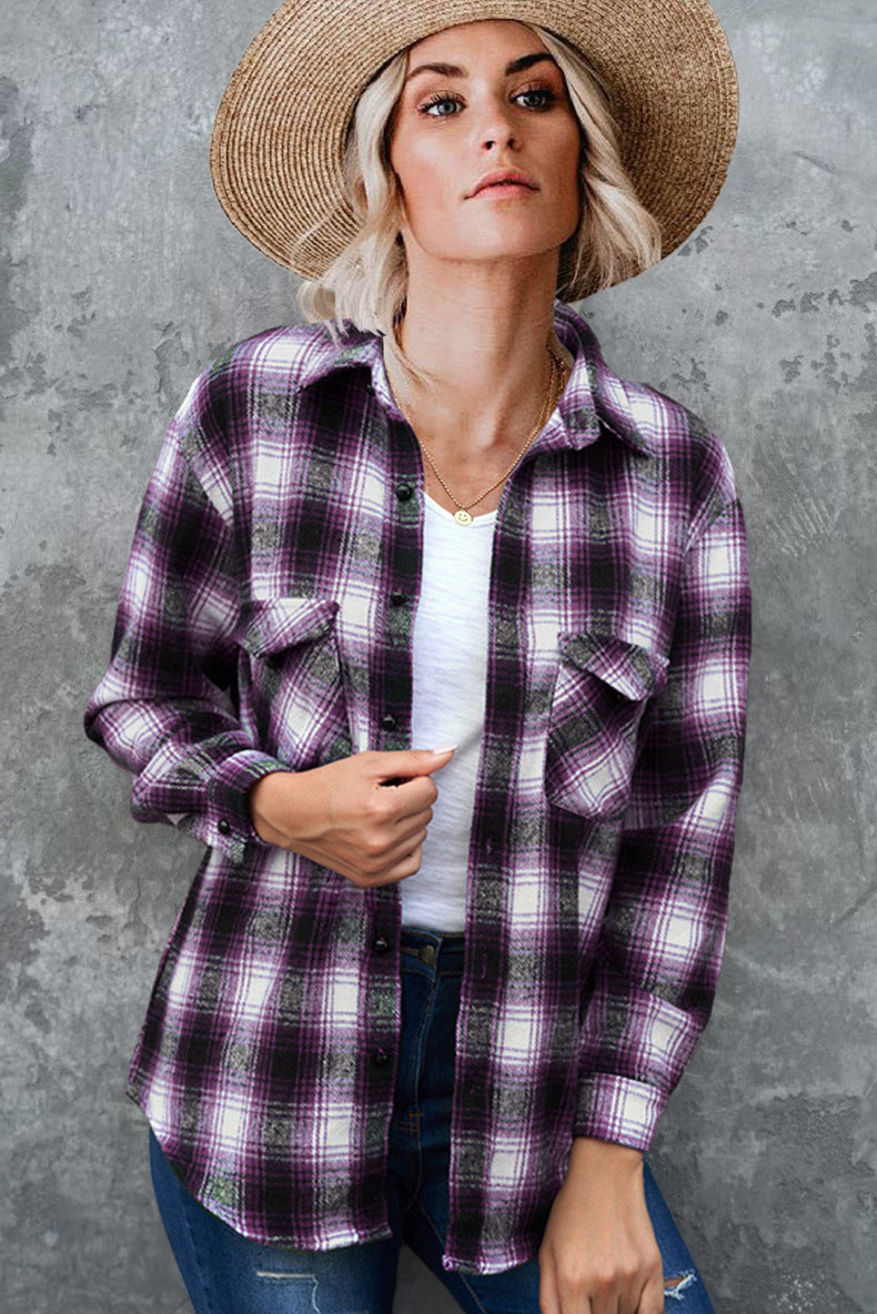 Cotton flannel shirt for women with plaid pattern and chest pockets Lune London