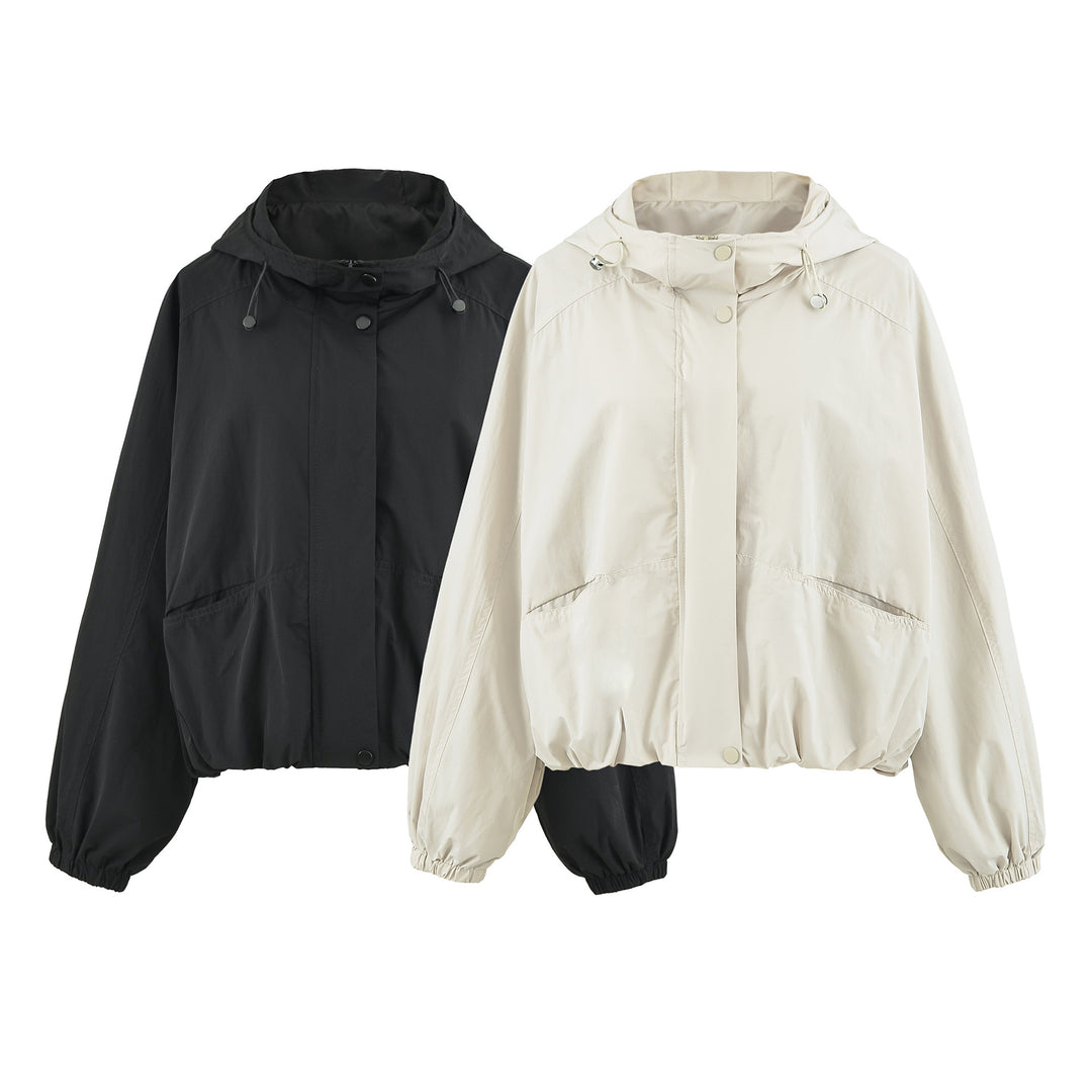 Women's short jacket with hood, drawstring, kangaroo pockets, and elastic waistband Amarae