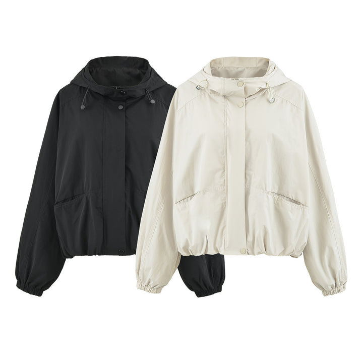 Women's short jacket with hood, drawstring, kangaroo pockets, and elastic waistband Amarae