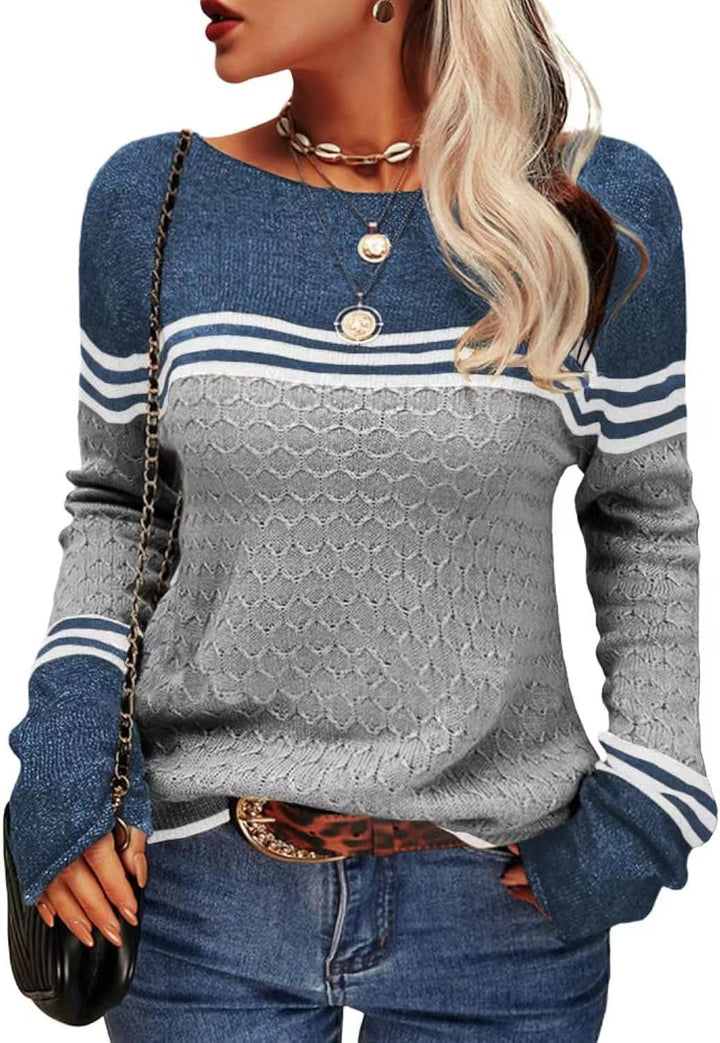 Pull tricoté décontracté pour femmes avec des blocs de couleur contrastants et une texture unique Chic & Stil