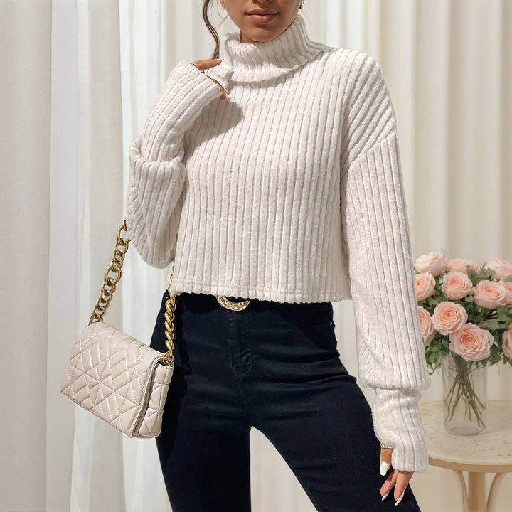 Sweat cropped pour femmes avec col montant et texture côtelée fine Chic & Stil