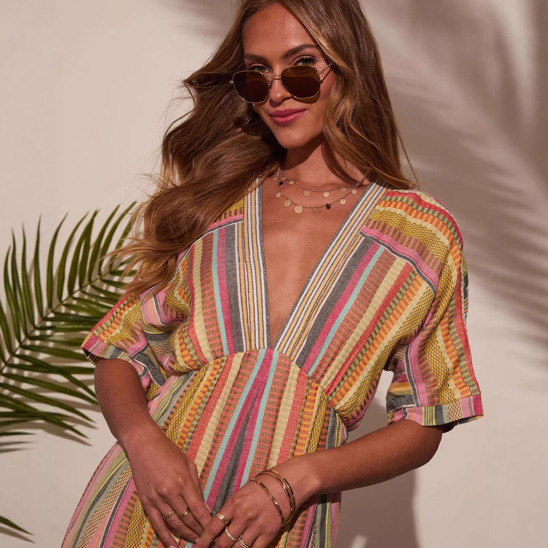 Women's maxi dress with deep V-neck and flared skirt Lune London