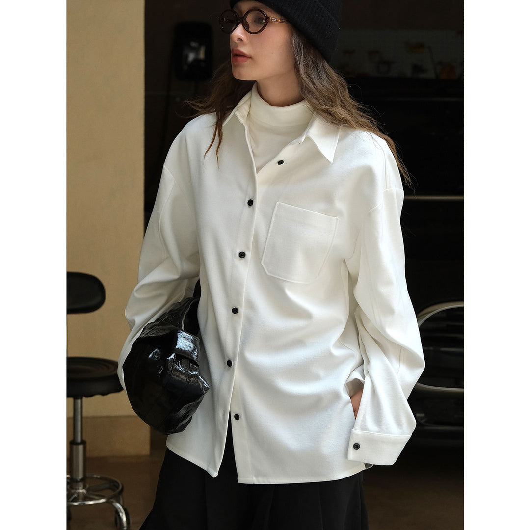 Ladies Oversized Shirt Jacket with Patch Pocket and Contrasting Buttons Amarae