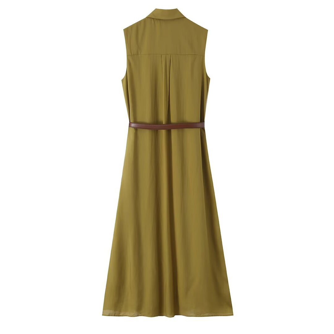Women's sleeveless shirt dress with pleats, button placket and belt Amarae