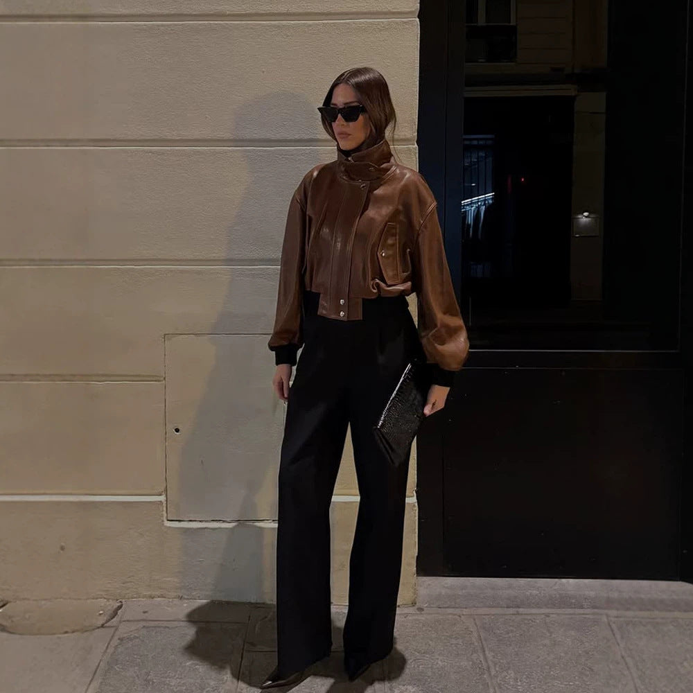 Women's short-cut leather blouse jacket with high stand-up collar and balloon sleeves Amarae