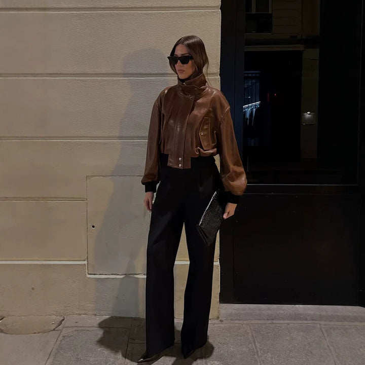 Women's short-cut leather blouse jacket with high stand-up collar and balloon sleeves Amarae