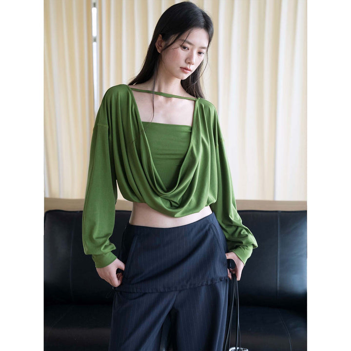 Women's Draped Layering Top with Off-the-Shoulder Cut and Decorative Straps Amarae
