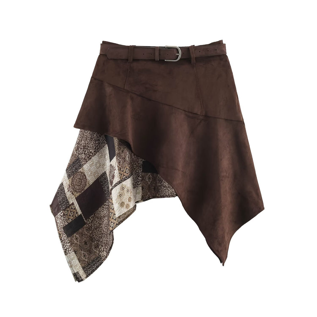 Women's Asymmetric Patchwork Wrap Skirt with Waist Belt and Layered Look Amarae