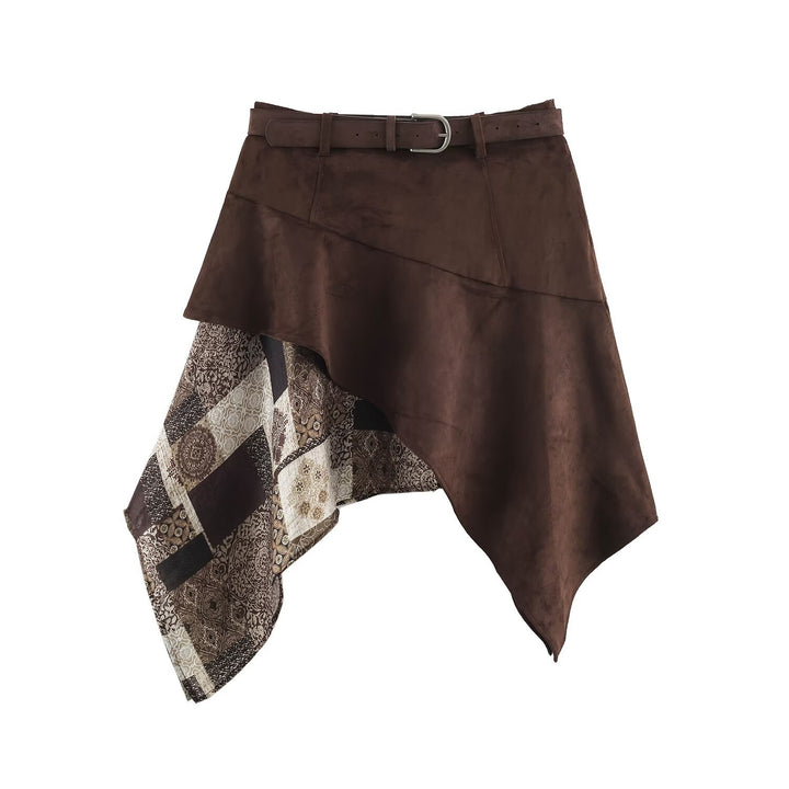 Women's Asymmetric Patchwork Wrap Skirt with Waist Belt and Layered Look Amarae