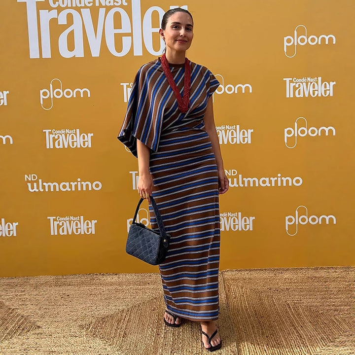 Women's Striped Maxi Dress with Asymmetrical Cape Sleeves & Tailored Silhouette Amarae