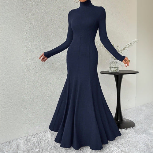 Chic & Stil Elegant maxi dress for women with long sleeves, high collar and flared hem